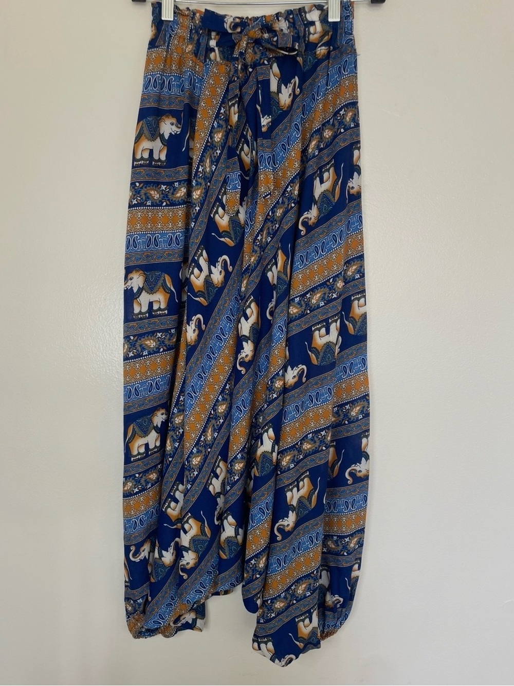 Blue & Mustard Paisley Elephant Print Balloon Pants Size L Festival Boho